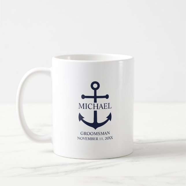 Nautical Navy Blue Anchor Personalized Groomsmen Coffee Mug (Left)