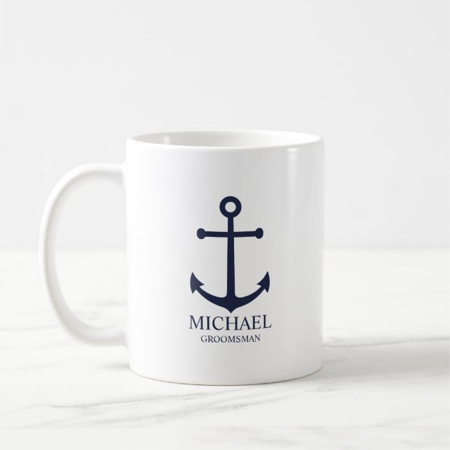 Nautical Navy Blue Anchor Personalized Groomsmen Coffee Mug (Left)