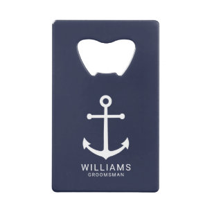 Nautical Navy Blue Anchor Personalized Groomsmen Credit Card Bottle Opener