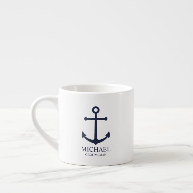 Nautical Navy Blue Anchor Personalized Groomsmen Espresso Cup (Left)
