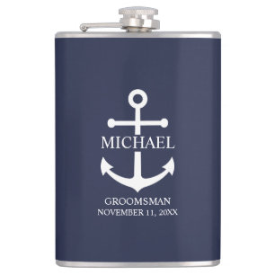 Nautical Navy Blue Anchor Personalized Groomsmen Flask
