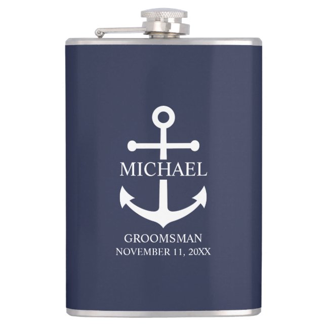 Nautical Navy Blue Anchor Personalized Groomsmen Flask (Front)