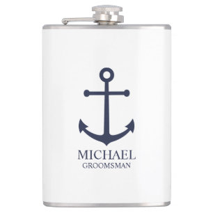 Nautical Navy Blue Anchor Personalized Groomsmen Flask