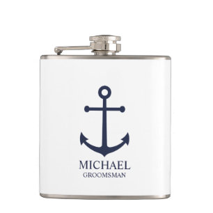 Nautical Navy Blue Anchor Personalized Groomsmen Flask