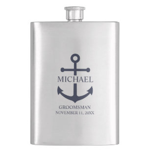 Nautical Navy Blue Anchor Personalized Groomsmen Flask
