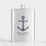 Nautical Navy Blue Anchor Personalized Groomsmen Flask<br><div class="desc">Modern Minimalist Nautical Navy Blue Anchor Personalized Groomsmen Classic Flask
featuring navy blue anchor and personalized groomsman's name with title in navy blue modern sans serif font style.

Also perfect for best man,  father of the bride and more.</div>