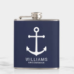 Nautical Navy Blue Anchor Personalized Groomsmen Flask<br><div class="desc">Modern Minimalist Nautical Navy Blue Anchor Personalized Groomsmen Flask
featuring white anchor and personalized groomsman's name with title in white modern sans serif font style on navy blue background.

Also perfect for best man,  father of the bride and more.</div>