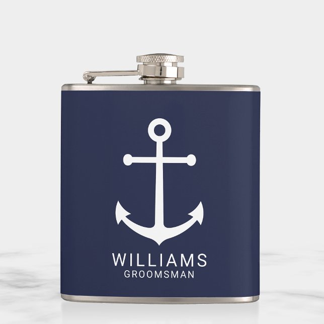 Nautical Navy Blue Anchor Personalized Groomsmen Flask (Creator Uploaded)