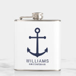 Nautical Navy Blue Anchor Personalized Groomsmen Flask<br><div class="desc">Modern Minimalist Nautical Navy Blue Anchor Personalized Groomsmen Flask
featuring navy blue anchor and personalized groomsman's name with title in navy blue modern sans serif font style on white background.

Also perfect for best man,  father of the bride and more.</div>