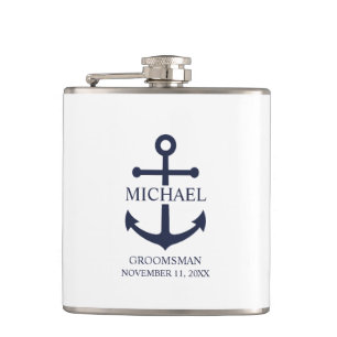 Nautical Navy Blue Anchor Personalized Groomsmen Flask