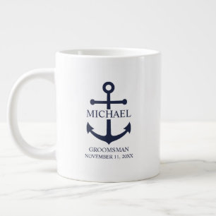 Nautical Navy Blue Anchor Personalized Groomsmen Giant Coffee Mug
