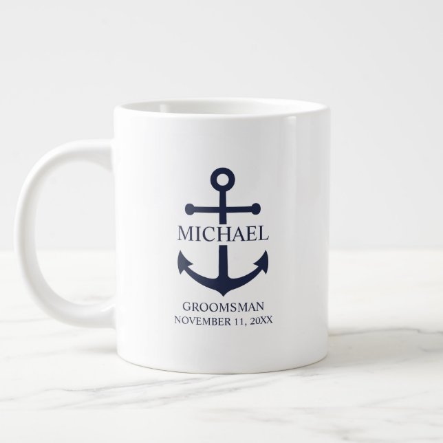 Nautical Navy Blue Anchor Personalized Groomsmen Giant Coffee Mug (Left)