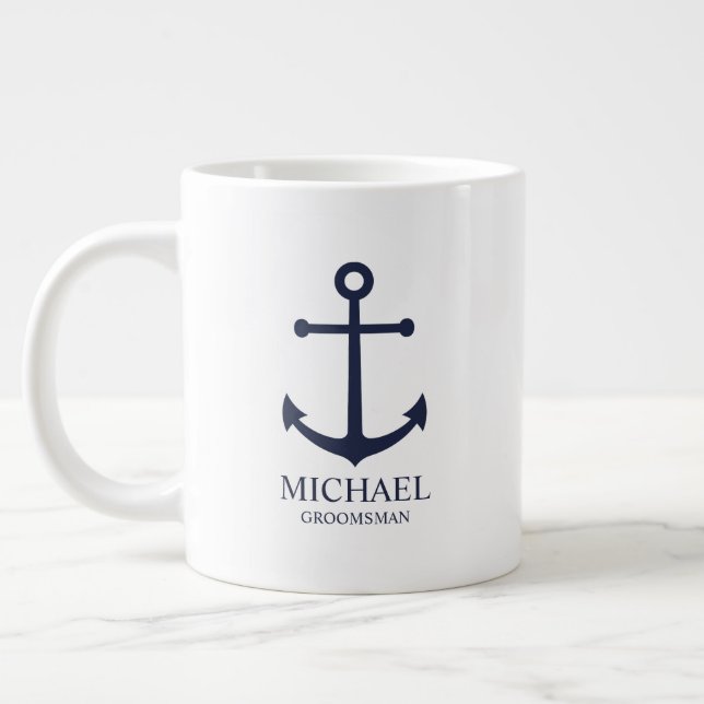 Nautical Navy Blue Anchor Personalized Groomsmen Giant Coffee Mug (Left)