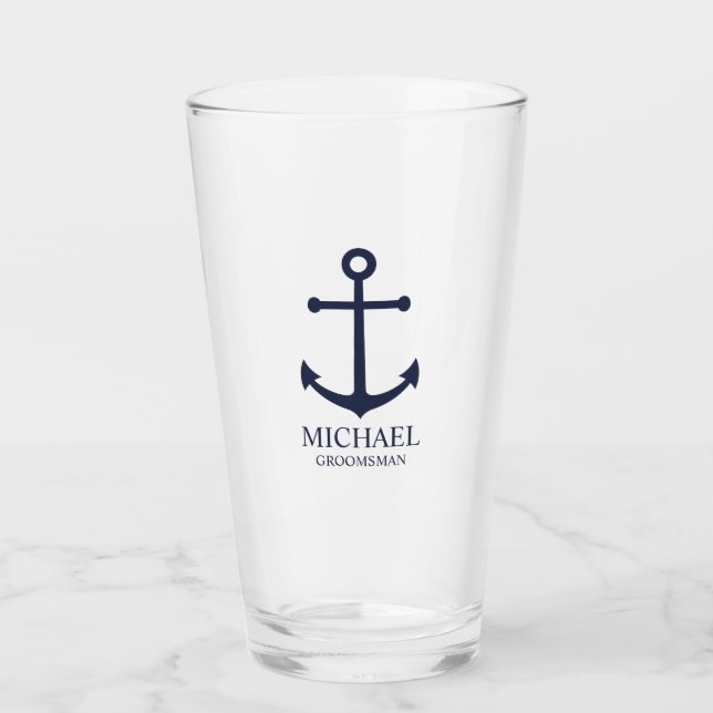 Nautical Navy Blue Anchor Personalized Groomsmen Glass (Front)