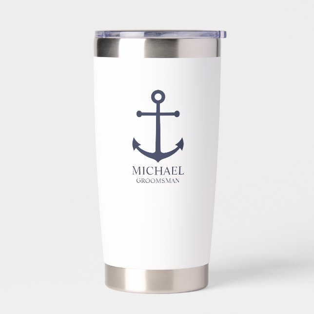 Nautical Navy Blue Anchor Personalized Groomsmen Insulated Tumbler (Left)