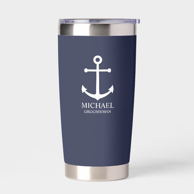 Nautical Navy Blue Anchor Personalized Groomsmen Insulated Tumbler (Left)