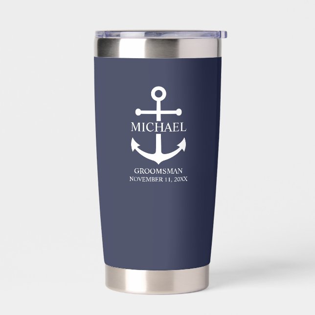 Nautical Navy Blue Anchor Personalized Groomsmen Insulated Tumbler (Left)