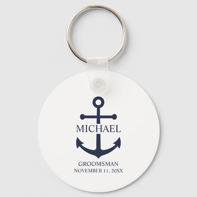 Nautical Navy Blue Anchor Personalized Groomsmen Keychain (Front)