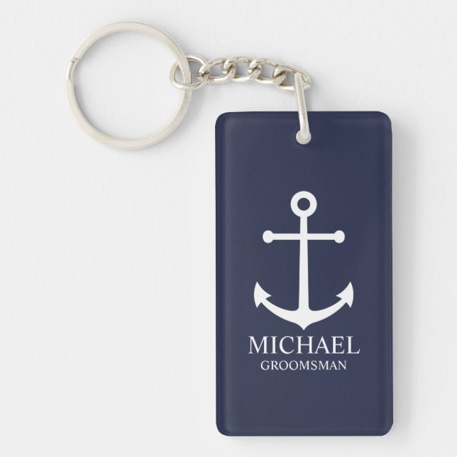 Nautical Navy Blue Anchor Personalized Groomsmen Keychain (Front)