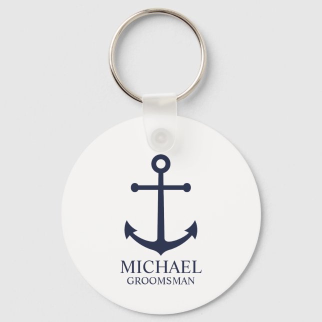 Nautical Navy Blue Anchor Personalized Groomsmen Keychain (Front)