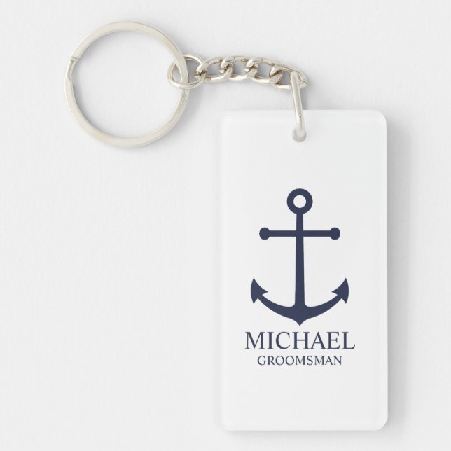 Nautical Navy Blue Anchor Personalized Groomsmen Keychain (Front)