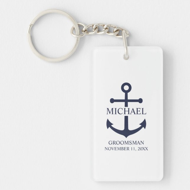 Nautical Navy Blue Anchor Personalized Groomsmen Keychain (Front)