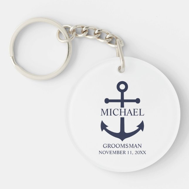 Nautical Navy Blue Anchor Personalized Groomsmen Keychain (Front)