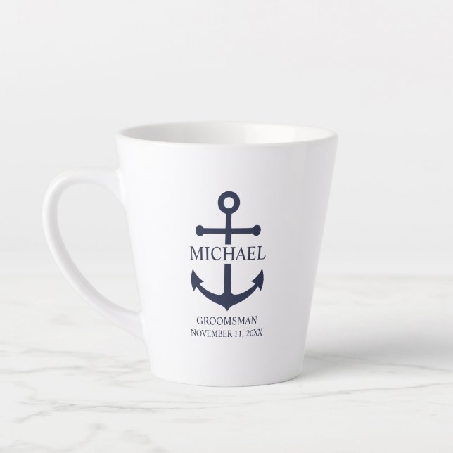 Nautical Navy Blue Anchor Personalized Groomsmen Latte Mug (Left)