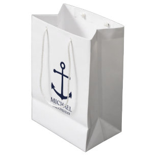 Nautical Navy Blue Anchor Personalized Groomsmen Medium Gift Bag