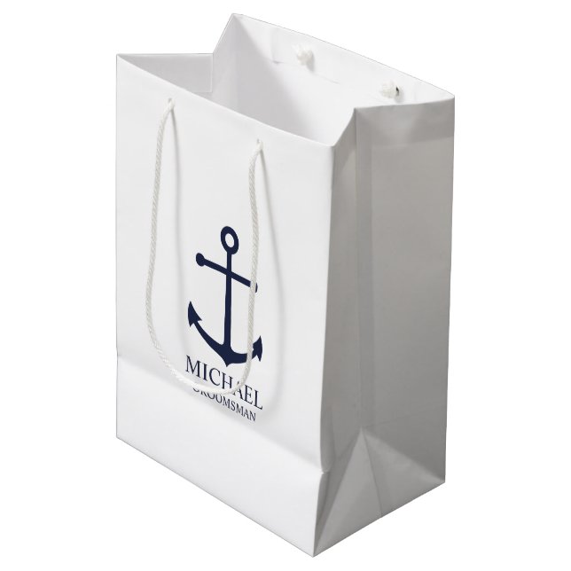 Nautical Navy Blue Anchor Personalized Groomsmen Medium Gift Bag (Front Angled)