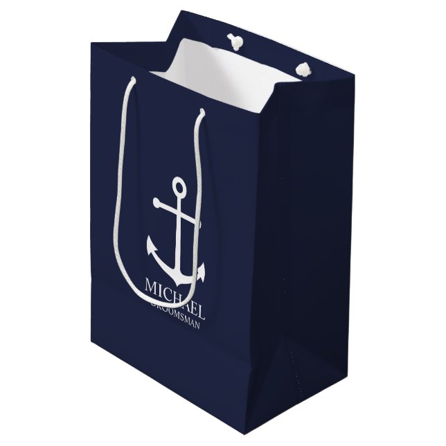 Nautical Navy Blue Anchor Personalized Groomsmen Medium Gift Bag (Front Angled)