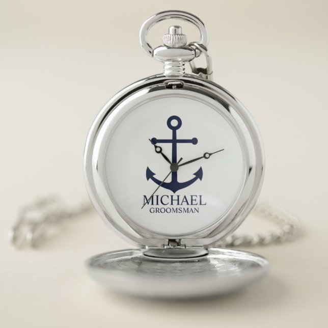 Nautical Navy Blue Anchor Personalized Groomsmen Pocket Watch (Inside)
