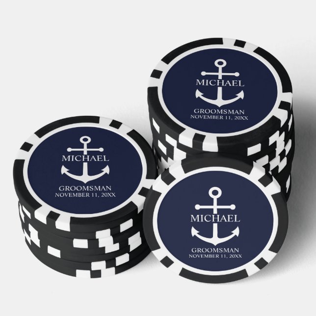 Nautical Navy Blue Anchor Personalized Groomsmen Poker Chips (Stack)