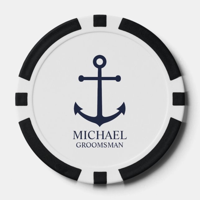 Nautical Navy Blue Anchor Personalized Groomsmen Poker Chips (Front)
