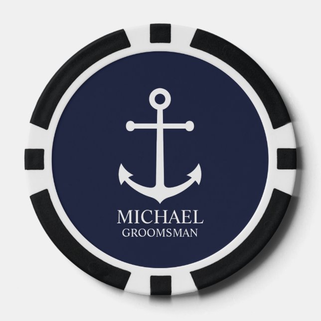 Nautical Navy Blue Anchor Personalized Groomsmen Poker Chips (Front)