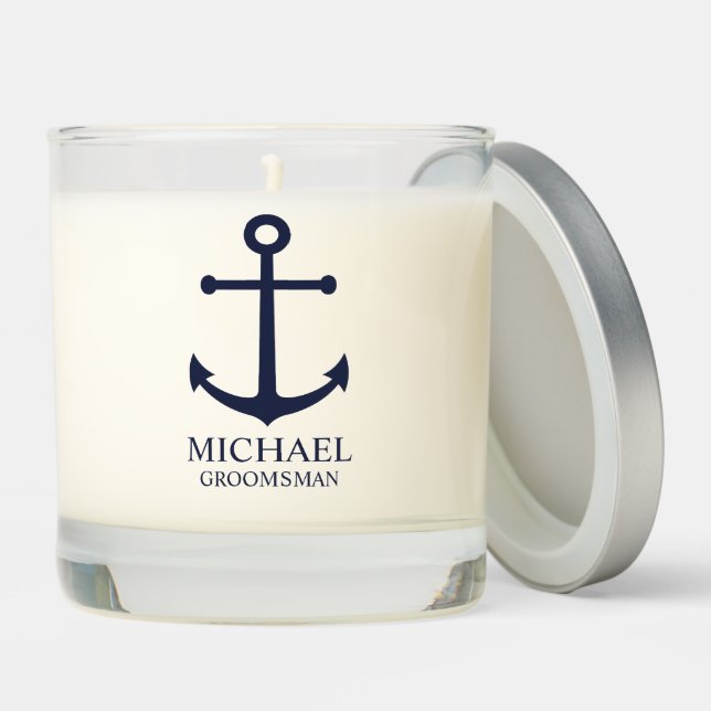 Nautical Navy Blue Anchor Personalized Groomsmen Scented Candle (Lid)