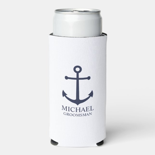 Nautical Navy Blue Anchor Personalized Groomsmen Seltzer Can Cooler (Seltzer Front)