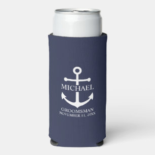 Nautical Navy Blue Anchor Personalized Groomsmen Seltzer Can Cooler