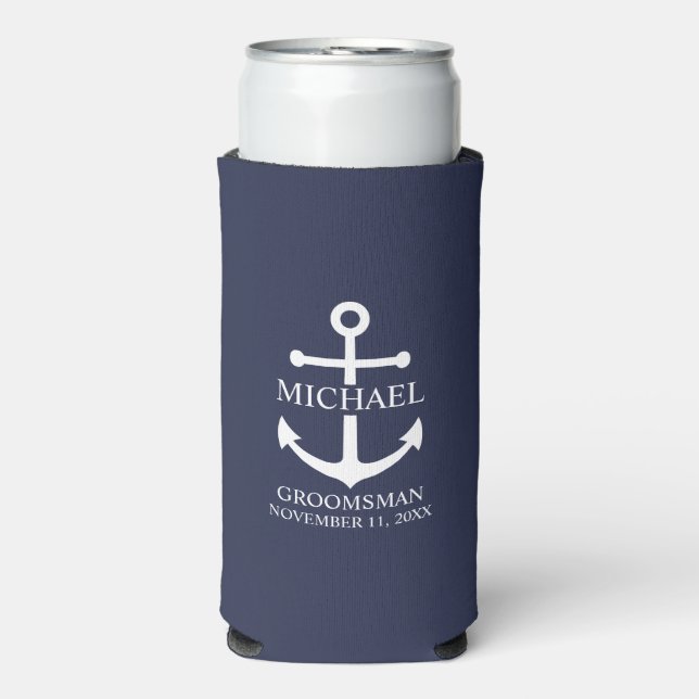 Nautical Navy Blue Anchor Personalized Groomsmen Seltzer Can Cooler (Seltzer Front)