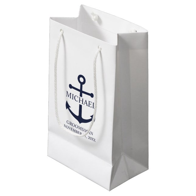 Nautical Navy Blue Anchor Personalized Groomsmen Small Gift Bag (Front Angled)