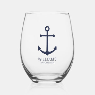 Nautical Navy Blue Anchor Personalized Groomsmen Stemless Wine Glass