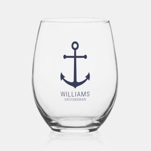 Nautical Navy Blue Anchor Personalized Groomsmen Stemless Wine Glass