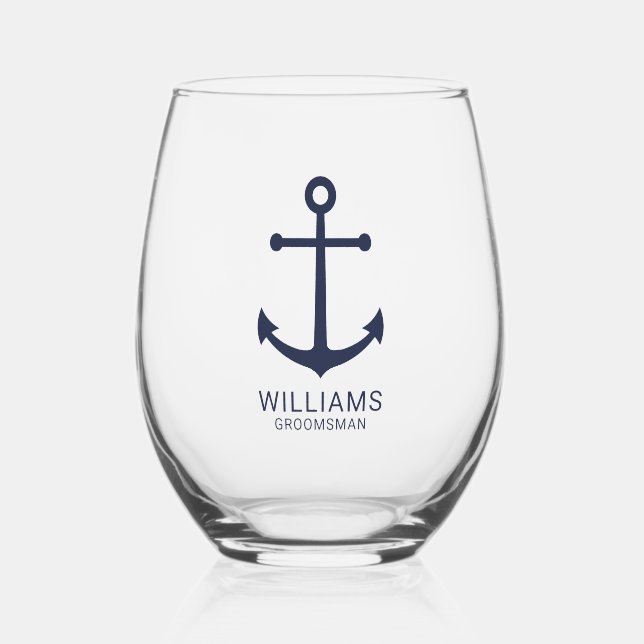 Nautical Navy Blue Anchor Personalized Groomsmen Stemless Wine Glass (Front)