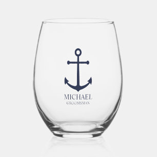 Nautical Navy Blue Anchor Personalized Groomsmen Stemless Wine Glass