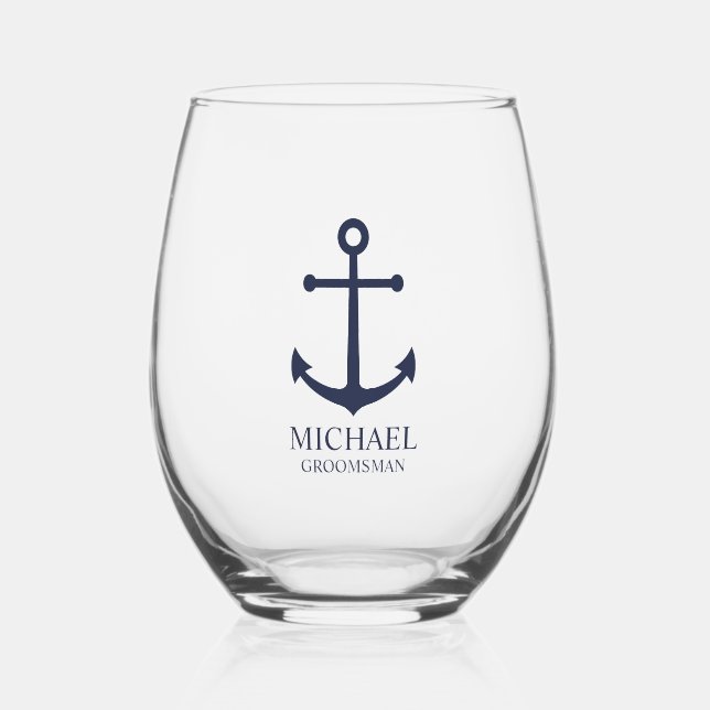 Nautical Navy Blue Anchor Personalized Groomsmen Stemless Wine Glass (Front)