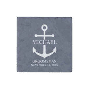 Nautical Navy Blue Anchor Personalized Groomsmen Stone Magnet
