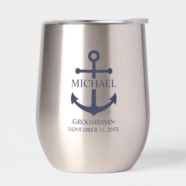 Nautical Navy Blue Anchor Personalized Groomsmen Thermal Wine Tumbler (Left)