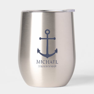 Nautical Navy Blue Anchor Personalized Groomsmen Thermal Wine Tumbler
