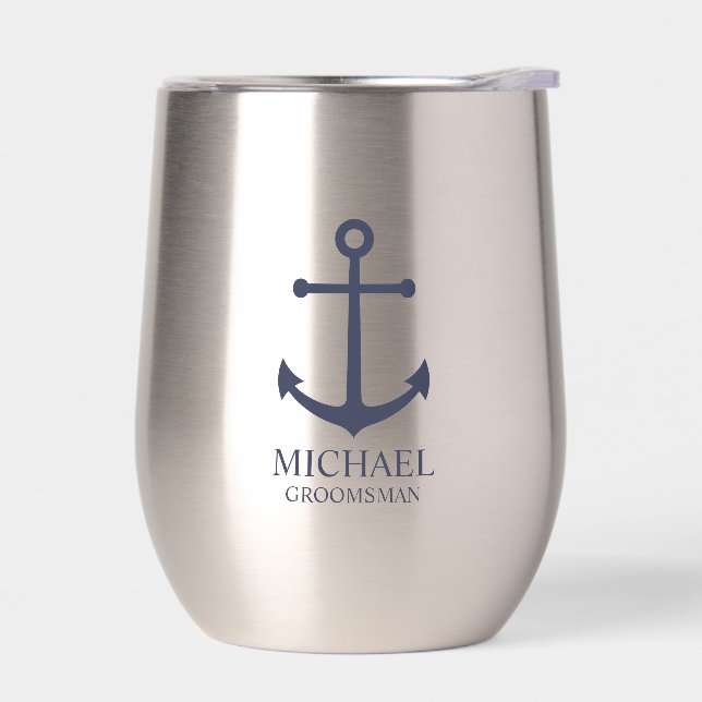 Nautical Navy Blue Anchor Personalized Groomsmen Thermal Wine Tumbler (Left)