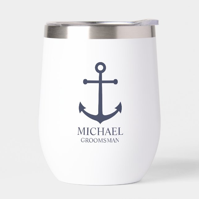 Nautical Navy Blue Anchor Personalized Groomsmen Thermal Wine Tumbler (Left)